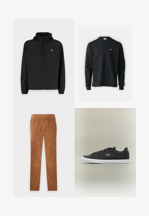 Mustmust jacket, millel näpsuga, kergest materjalist. Omab elastseid mansette ja väikest rohelist logo vasakul rinnal.; Must musta särk pikad varrukad, valmistatud puuvillast, ümar kaelus ja vasakul rinnal väike rohelise värvi tikandiga krokodillilogoga.; Pruunid corduroy püksid elastse vöökoha ja nööbiga sulgemisega. Sirge säärekujundus ja pehme, tekstureeritud kangas.; Mustad mustad nahast tennisetossud valge kummist tallaga, millel on roheline krokodillilogo ja ümmargused paelad, stiilne disain sujuva tekstuuriga.