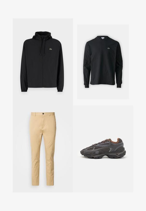 Svart zip-up jakke med hette, laget av lett materiale. Har elastiske mansjetter og en liten grønn logo på venstre bryst.; Svart langermet T-skjorte laget av bomull, med rund hals og en liten grønn brodert krokodillelogo på venstre bryst.; Beige chinos laget av bomull med en glatt tekstur. Har knappelukking, beltehemper og smalner mot ankelen.; Lacoste-sneakers i mørkegrått med mesh- og syntetisk materiale, med en teksturert såle og brune detaljer på kragen og merket.