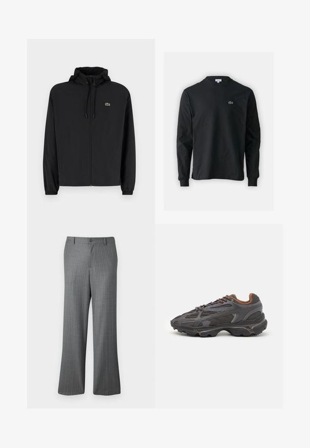 Musta vetoketjullinen takki, jossa on huppu, valmistettu kevyestä materiaalista. Ominaisuuksiin kuuluu joustavat hihansuut ja pieni vihreä logo vasemmassa rinnassa.; Musta pitkähiha t-paita, joka on valmistettu puuvillasta. Paita on varustettu pyöreällä kaula-aukolla ja vasemmassa rinnassa on pieni vihreä brodeerattu krokotiililogo.; Harmaat pinstripe-housut rentoa mallia, jossa on nappikiinnitys, vyölenkit ja hillityt vaaleansiniset raidat kauttaaltaan.; Lacoste-tennar i mörkgrått med nät- och syntetmaterial, med en texturerad sula och bruna accenter på kragen och märket.