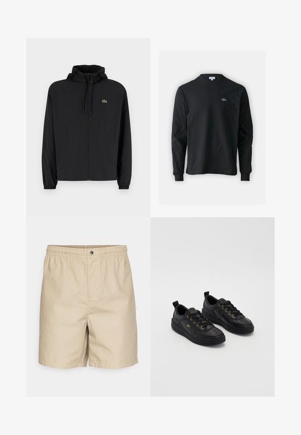 Černá zipová bunda s kapucí, vyrobená z lehkého materiálu. Má elastické manžety a malé zelené logo na levé hrudi.; Černé dlouhé rukávy triko vyrobené z bavlny, s kulatým výstřihem a malým zeleným vyšitým logem krokodýla na levé hrudi.; Béžové plavkové šortky s elastickým páskem, předním zapínáním na druk a božním štítkem s logem. Vyrobeno z lehkého, hladkého materiálu s volným střihem.; Černé kožené tenisky se zlatými očka a tkaničkami, texturovaný povrch, kulatá špička a silná černá podrážka. Jednoduchý, moderní design s poutkem na zadní straně.