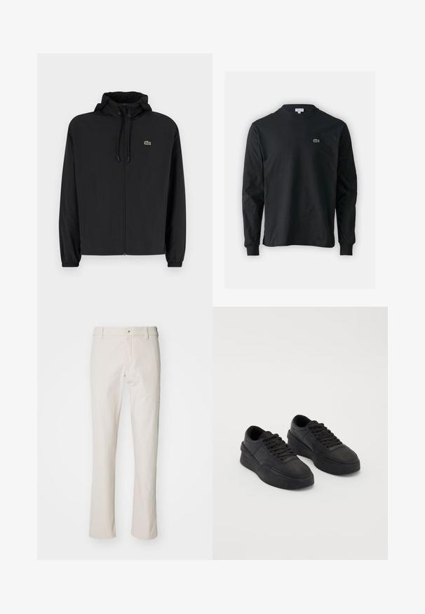 Črna jakna na zadrgo s kapuco, izdelana iz lahkega materiala. Ima elastične manšete in majhen zeleni logotip na levem prsnem delu.; Črna dolgi rokavi majica iz bombaža, z okroglim ovratnikom in majhnim zelenim vezenim logotipom krokodila na levem prsnem delu.; DOCKERS GO AIRWEAVE - Hlače chino - sahara khaki; Črne teniske iz gladkega usnja z oblazinjeno podplatom. Lastnosti vključujejo ravne vezalke, perforacije na konici ter eleganten silhuet.