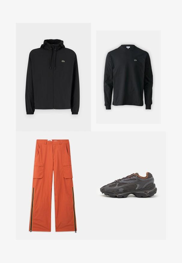Veste noire à fermeture éclair avec capuche, fabriquée en matériau léger. Présente des poignets élastiques et un petit logo vert sur la poitrine gauche.; T-shirt noir à manches longues en coton, avec un col rond et un petit logo de crocodile brodé vert sur la poitrine gauche.; Pantalon cargo orange avec deux poches latérales et un design à jambes larges. Caractérisé par des rayures verticales en bleu, jaune et rouge le long des coutures.; Baskets Lacoste en gris foncé, en matériau mesh et synthétique, avec une semelle texturée et des accents marron sur le col et le branding.