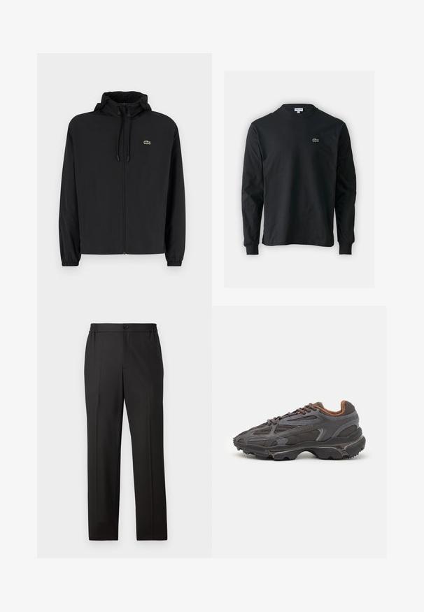 Črna jakna na zadrgo s kapuco, izdelana iz lahkega materiala. Ima elastične manšete in majhen zeleni logotip na levem prsnem delu.; Črna dolgi rokavi majica iz bombaža, z okroglim ovratnikom in majhnim zelenim vezenim logotipom krokodila na levem prsnem delu.; Črne hlače s ravno krojem, elastičnim pasom z gumbom, ravnim sprednjim delom in gladko teksturo tkanine.; Lacoste teniske v temno sivi barvi z mrežasto in sintetično prevleko, s teksturiranim podplatom in rjavimi detajli na ovratniku ter blagovni znamki.