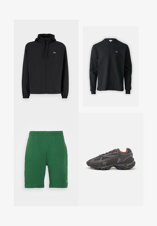 Črna jakna na zadrgo s kapuco, izdelana iz lahkega materiala. Ima elastične manšete in majhen zeleni logotip na levem prsnem delu.; Črna dolgi rokavi majica iz bombaža, z okroglim ovratnikom in majhnim zelenim vezenim logotipom krokodila na levem prsnem delu.; Zelena kratka hlače s elastičnim pasom in stranskimi žepi, ki imajo majhen logotip na levi nogi. Gladka tekstura, dolžina do kolen.; Lacoste teniske v temno sivi barvi z mrežasto in sintetično prevleko, s teksturiranim podplatom in rjavimi detajli na ovratniku ter blagovni znamki.