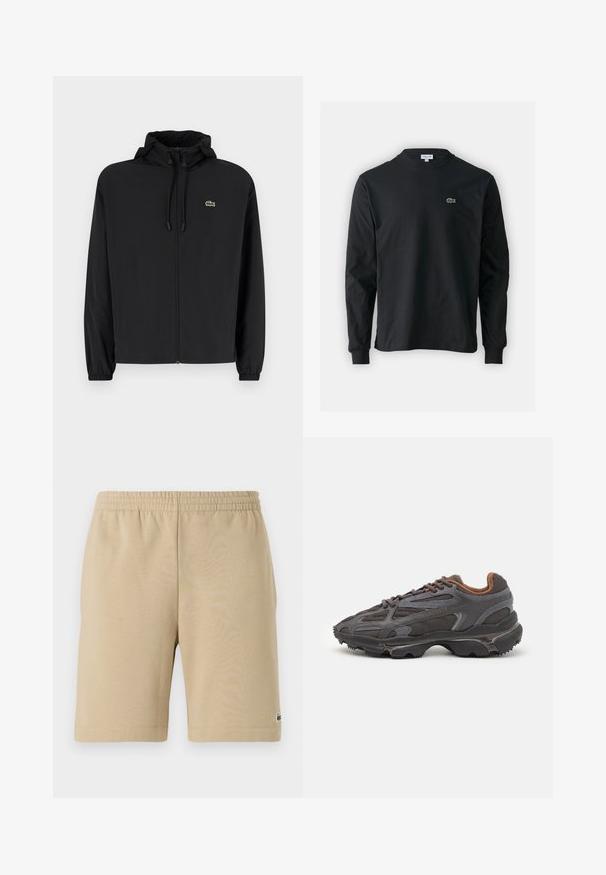 Čierna mikina na zips s kapucňou, vyrobená z ľahkého materiálu. Má elastické manžety a malú zelenú značku na ľavej hrudi.; Čierne tričko s dlhým rukávom vyrobené z bavlny, s okrúhlym výstrihom a malým zeleným vyšívaným logom krokodíla na ľavej hrudi.; Béžové bavlnené šortky s elastickým pásom, dizajnom do kolien a malým logom na ľavej strane. Hladká textúra a jednoduchý strih.; Lacoste tenisky v tmavo sivej farbe z nylonu a syntetického materiálu, s textúrovanou podrážkou a hnedými akcentami na golieri a brandingu.