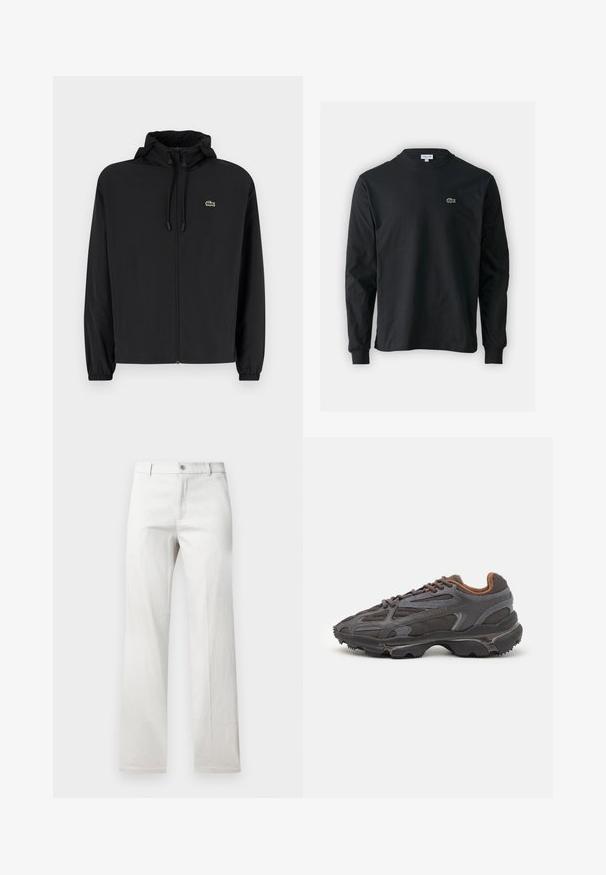 Crna jakna na zip s kapuljačom, izrađena od laganog materijala. Ima elastične manžete i mali zeleni logotip na lijevoj strani prsnog koša.; Crna majica dugih rukava od pamuka, s okruglim izrezom i malim zelenim izvezenim logotipom krokodila s lijeve strane prsnog dijela.; Svijetlosivi hlače ravnog kroja, izrađene od glatkog materijala, sa zatvaranjem na gumbe sprijeda i bočnim džepovima.; Lacoste tenisice u tamno sivoj boji s mrežastim i sintetičkim materijalom, s teksturiranom potplatom i smešnim akcentima na ovratniku i brandiranju.