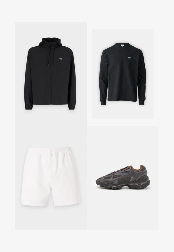 Melnas rāvējslēdzēja jakas ar kapuci, izgatavota no viegla materiāla. Ar elastīgām piedurknēm un mazu zaļu logo kreisajā krūtī.; Melna garām piedurknēm t-krekls, izgatavots no kokvilnas, ar apaļu kakla izgriezumu un mazu zaļu izšūtu krokodila logo kreisajā krūtī.; Baltas, teksturēts šorts ar elastīgu jostu un pogu aizdari. Iespējas ietver brīvu piegriezumu un vidusauge garumu, piemērots ikdienas valkāšanai.; Lacoste kedas tumši pelēkā krāsā ar acu audumu un sintētisko materiālu, ar teksturētu zoli un brūniem akcentiem apkaklītē un zīmola uzrakstā.