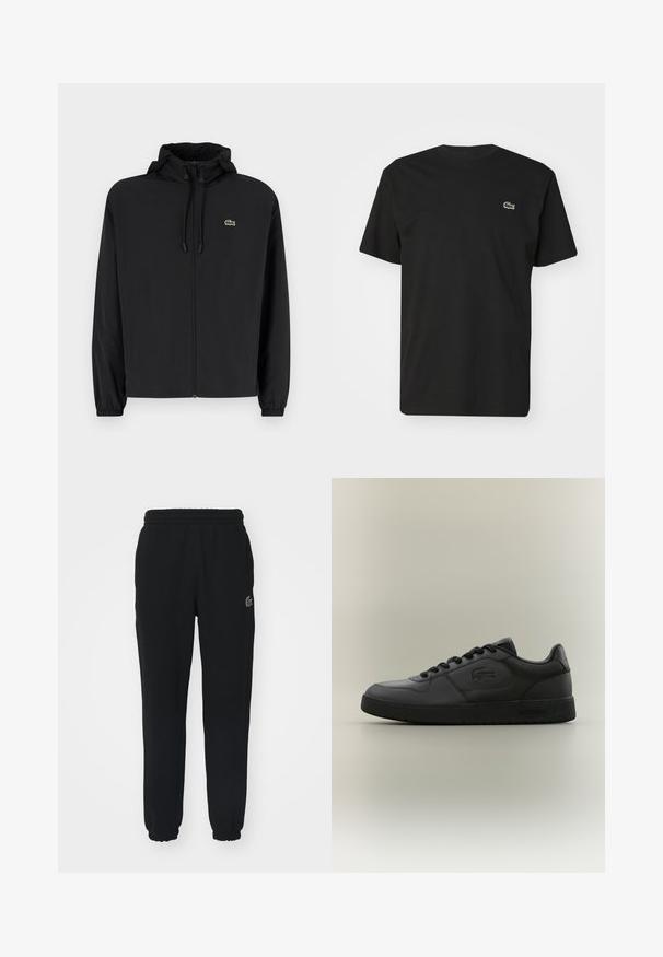 Svart zip-jacka med huva, tillverkad av lätt material. Har elastiska muddar och en liten grön logotyp på vänster bröst.; Svart bomull t-shirt med korta ärmar och rundad halsringning. Har en liten grön och vit krokodil-logotyp på vänster bröst.; Svarta sweatpants i mjukt material, med elastisk midja och muddar. Inkluderar en liten grön logotyp på vänster sida.; Svarta lädersneakers med en slät yta, rundad tå, plana snören och en subtil logotyp på sidan. Minimalistisk design med en stabil sula.