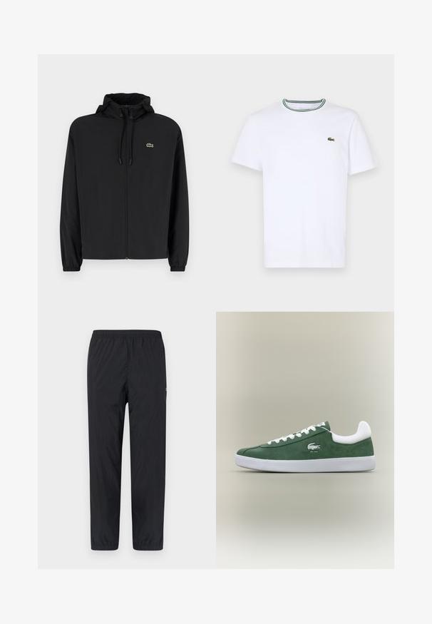 Svart zip-up jakke med hette, laget av lett materiale. Har elastiske mansjetter og en liten grønn logo på venstre bryst.; Hvit bomulls T-skjorte med korte ermer og ribbet krage som har grønne og svarte striper; liten grønn brodert logo på venstre bryst.; Svarte, lette, elastiske bukser med innsnevrede ben og minimal tekstur. Har sidesømmer og en liten logo på venstre ben.; Lavprofilert grønn semsket sneaker med hvite snøring, hvit såle, polstret hælkant og brodert krokodillelogo med "EST. 1933" tekst.