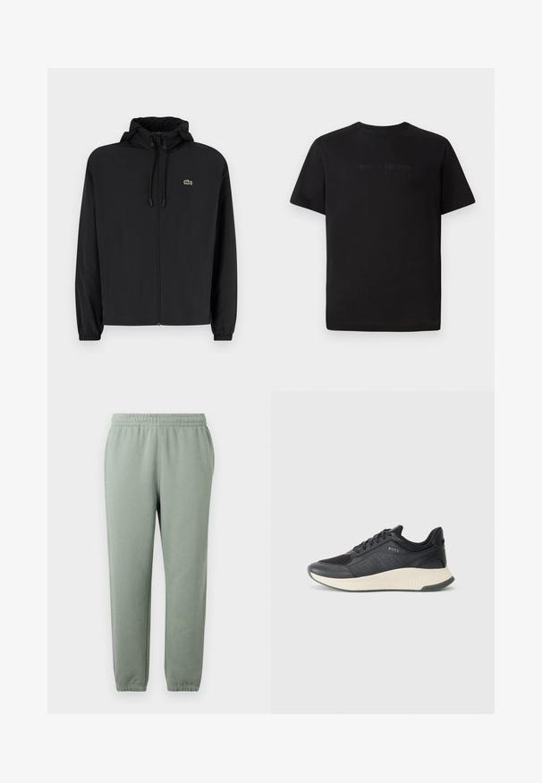 Melnas rāvējslēdzēja jakas ar kapuci, izgatavota no viegla materiāla. Ar elastīgām piedurknēm un mazu zaļu logo kreisajā krūtī.; Lacoste Pamata T-krekls - black; Gaiši zaļas sporta bikses ar elastīgu jostu, sašaurinātām kājām un aprocēm pie potītēm. Izgatavotas no mīksta, viegla auduma.; Melnas sporta kedas ar sietveida augšdaļu ar perforācijām, teksturētu vidusdaļu krēmkrāsā un gumijas zoli nodrošinot saķeri.