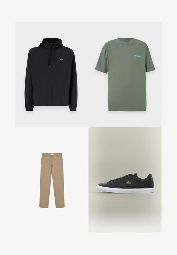 Czarna kurtka zapinana na zamek z kapturem, wykonana z lekkiego materiału. Posiada elastyczne mankiety oraz małe zielone logo na lewej piersi.; Zielona bawełniana koszulka z okrągłym dekoltem, krótkimi rękawami i małym niebieskim logo na lewej piersi. Gładka tekstura, luźny krój.; Beżowe spodnie dresowe z elastycznym pasem i sznurkiem, posiadające dwie boczne kieszenie i prostą nogawkę. Gładka faktura.; Czarne skórzane sneakersy z białą gumową podeszwą, z zielonym logo krokodyla i okrągłymi sznurówkami, o smukłym designie i gładkiej fakturze.