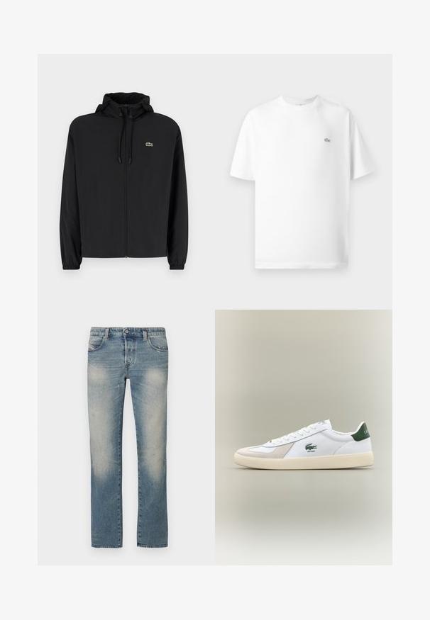 Μαύρο μπουφάν με φερμουάρ και κουκούλα, κατασκευασμένο από ελαφρύ υλικό. Διαθέτει ελαστικούς καρπούς και ένα μικρό πράσινο λογότυπο στο αριστερό στήθος.; Λευκή βαμβακερή μπλούζα T-shirt με στρογγυλή λαιμόκοψη και κοντά μανίκια. Διαθέτει ένα μικρό μαύρο λογότυπο Lacoste στην αριστερή πλευρά του στήθους.; Φωτεινά γαλάζια τζιν παντελόνια με ίσια γραμμή, ξεθωριασμένες περιοχές, πέντε τσέπες και κούμπωμα με κουμπί. Το ύφασμα εμφανίζει ελαφρά φθορές και σημάδια χρήσης.; Λευκά αθλητικά παπούτσια με πράσινες λεπτομέρειες, από σουέντ και δέρμα, στρογγυλεμένη μύτη, υφή στην εξωτερική σόλα και κεντητό λογότυπο στο πλάι και στη γλώσσα.