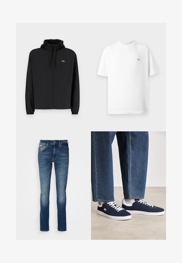 Casaco preto com fecho éclair e capuz, feito de material leve. Apresenta punhos elásticos e um pequeno logotipo verde no lado esquerdo do peito.; T-shirt branca de algodão com gola redonda e mangas curtas. Apresenta um pequeno logo preto da Lacoste no lado esquerdo do peito.; Jeans de ganga azuis com um corte reto, apresentando um acabamento desbotado, desgaste subtil no joelho e um design clássico de cinco bolsos.; Sapatilhas de tela azuis com atacadores brancos e solas de borracha, exibidas com calças de ganga e meios cinza canelados, sobre uma superfície cinza clara.