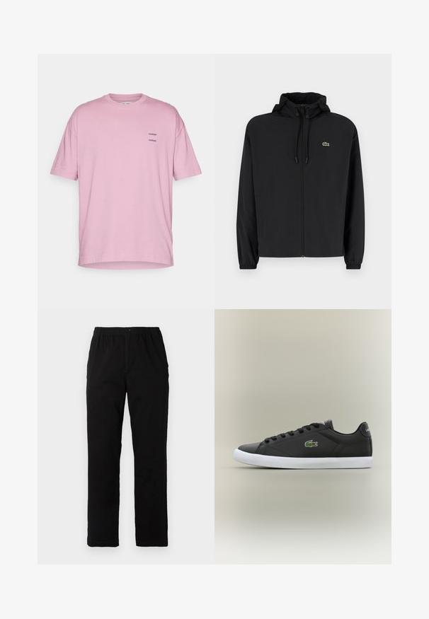 Svart zip-up jakke med hette, laget av lett materiale. Har elastiske mansjetter og en liten grønn logo på venstre bryst.; Rosa bomull t-skjorte med avslappet passform, korte ermer, rund hals og to små svarte trykte logoer på venstre bryst.; Sorte bukser laget av bomullsblandet stoff, med rett snitt, elastisk midjebånd med knapp, og uten synlige mønstre eller detaljer.; Svarte lær sneakers med hvit gummisåle, med grønt krokodillelogo og runde snører, elegant design med glatt tekstur.