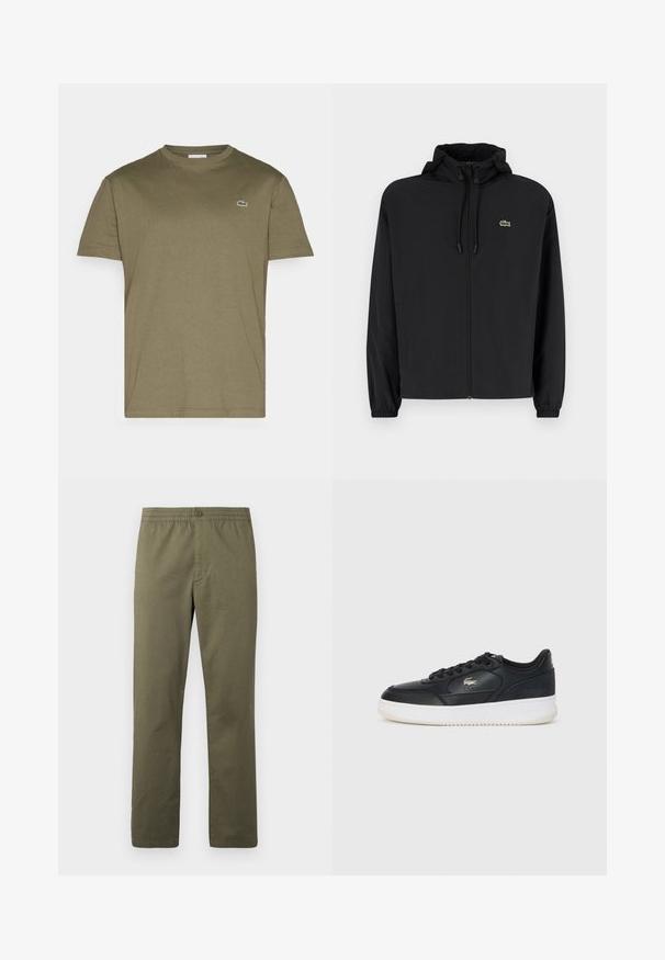 Casaco preto com fecho éclair e capuz, feito de material leve. Apresenta punhos elásticos e um pequeno logotipo verde no lado esquerdo do peito.; Lacoste T-shirt básica - tank; Lacoste Calças - olive; Sapatilha de couro preto com sola branca, apresentando um bico arredondado, design com atacadores e um logotipo discreto na lateral. Detalhes em relevo na parte superior.