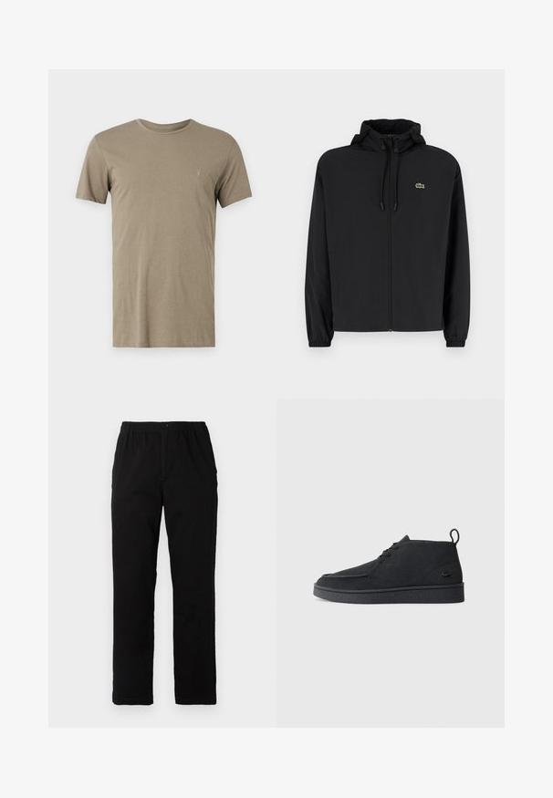 Fekete, kapucnis, cipzáras dzseki, könnyű anyagból készült. Rugalmas mandzsettákkal és egy kis zöld logóval rendelkezik a bal mellrészen.; Khaki színű, rövid ujjú póló, puha anyagból készült, kerek nyakkivágással és egy kis hímzett logóval a bal mellrészen.; Fekete pamut keverék anyagú nadrág, egyenes szabású, rugalmas derékrésszel és gombbal, látható minták vagy díszítések nélkül.; Fekete velúr, fűzős bokacsizma, húzófüllel és texturált talppal, oldalt kis, dombornyomott krokodil logóval.