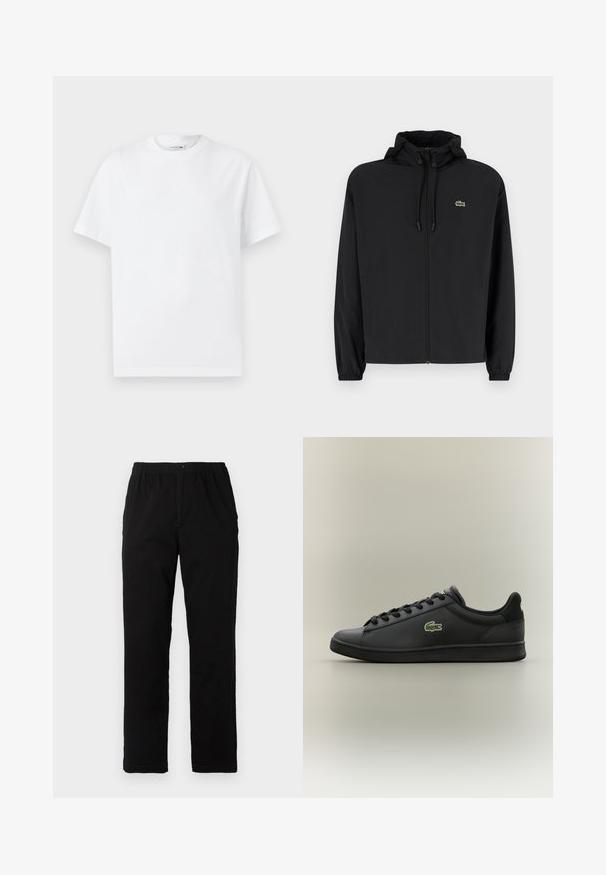 Svart zip-up jakke med hette, laget av lett materiale. Har elastiske mansjetter og en liten grønn logo på venstre bryst.; Hvit bomulls T-skjorte med klassisk rund hals, korte ermer og preget "Lacoste Heritage"-tekst på forsiden. Enkel design.; Sorte bukser laget av bomullsblandet stoff, med rett snitt, elastisk midjebånd med knapp, og uten synlige mønstre eller detaljer.; Sorte lavoyer skinnesko med svarte snørebånd og en grønn krokodillelogo på siden, plassert mot en enkel nøytral bakgrunn.