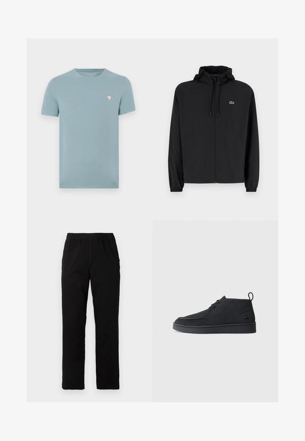 Black zip-up jacket with a hood, made of lightweight material. Features elastic cuffs and a small green logo on the left chest.; Light blue short-sleeve t-shirt made from soft cotton. Features a small triangular logo in red and white on the left chest.; Black pants made of cotton blend fabric, featuring a straight cut, elastic waistband with button, and no visible patterns or accents.; Black suede lace-up ankle boot with pull tab and textured sole, featuring small embossed crocodile logo on the side.