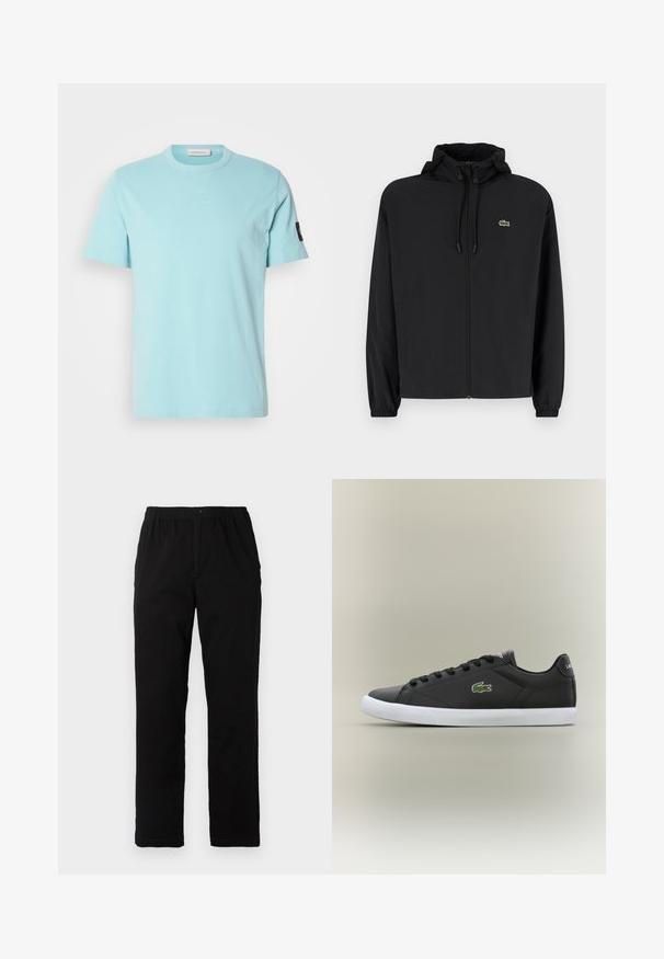 Mustmust jacket, millel näpsuga, kergest materjalist. Omab elastseid mansette ja väikest rohelist logo vasakul rinnal.; Hele sinine puuvillane t-särk lühikeste varrukatega, ümmargune kaelus ja õmblemise detail kaelusel. Varrukal on väike must logo.; Mustad mustreid, puuvillast segakanga valmistatud mustad püksid, mis on sirge lõikega, elastse vöökoht ja nööp, ilma nähtavate mustrite või aktsentideta.; Mustad mustad nahast tennisetossud valge kummist tallaga, millel on roheline krokodillilogo ja ümmargused paelad, stiilne disain sujuva tekstuuriga.