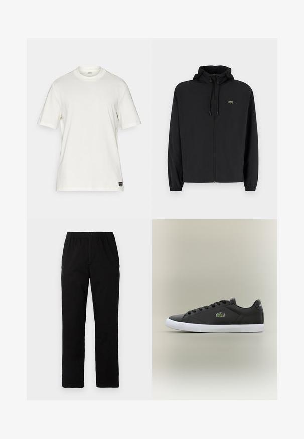 Musta vetoketjullinen takki, jossa on huppu, valmistettu kevyestä materiaalista. Ominaisuuksiin kuuluu joustavat hihansuut ja pieni vihreä logo vasemmassa rinnassa.; Valkoinen puuvillainen lyhythihainen t-paita, jossa on pyöreä kaula-aukko, minimalistinen muotoilu ja pieni logotagi vasemmalla alareunassa.; Mustat housut, jotka on valmistettu puuvilla-sekoitekankaasta, suoran mallin, joustavan vyötärönauhan ja napin kanssa, ilman näkyviä kuvioita tai yksityiskohtia.; Mustat nahkakengät valkoisella kumipohjalla, jossa on vihreä krokotiililogo ja pyöreät nauhat, sulavalinjainen muotoilu sileällä pinnalla.