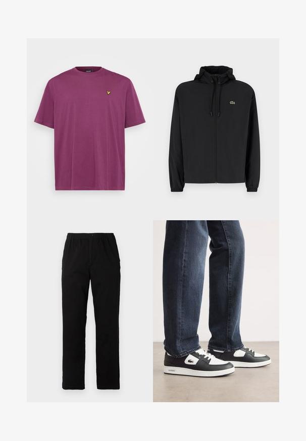 Mustmust jacket, millel näpsuga, kergest materjalist. Omab elastseid mansette ja väikest rohelist logo vasakul rinnal.; Lühikeste varrukatega lilla puuvillane T-särk, millel on ümmargune kaelus ja väike kollane logo vasakul rinnal. Sile tekstuur, juhuslik disain.; Mustad mustreid, puuvillast segakanga valmistatud mustad püksid, mis on sirge lõikega, elastse vöökoht ja nööp, ilma nähtavate mustrite või aktsentideta.; Mustad ja valged Lacoste'i tossud, millel on tekstuurne nahkpeal, lukuga disain ja valge kummist tall. Kombineeritud tumedate teksadega.