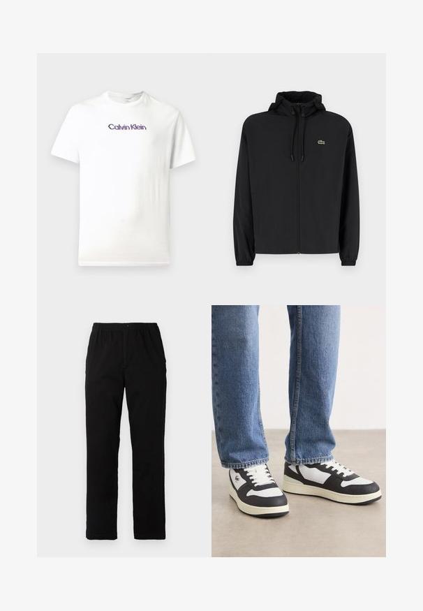 Casaco preto com fecho éclair e capuz, feito de material leve. Apresenta punhos elásticos e um pequeno logotipo verde no lado esquerdo do peito.; T-shirt de algodão branca com gola redonda, mangas curtas e o logotipo roxo "Calvin Klein" impresso no peito.; Calças pretas feitas de um tecido de algodão misto, com corte reto, cintura elástica com botão e sem padrões ou detalhes visíveis.; Ténis baixos em preto e branco com parte superior texturizada, biqueira perfurada, atacadores brancos e sola em tom creme.