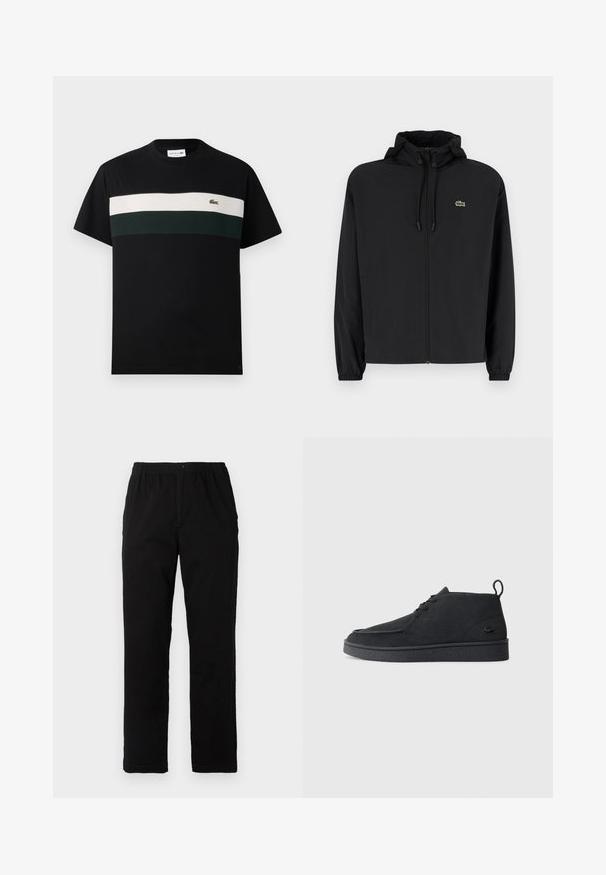 Schwarze Zip-Jacke mit Kapuze, aus leichtem Material hergestellt. Verfügt über elastische Bündchen und ein kleines grünes Logo auf der linken Brust.; Schwarz T-Shirt aus Baumwolle mit Rundhalsausschnitt, das horizontal gestreift in Creme und Dunkelgrün über die Brust verläuft, und einem kleinen Logo.; Schwarze Hosen aus einem Baumwollmischgewebe, mit geradem Schnitt, elastischem Bund mit Knopf und ohne sichtbare Muster oder Akzente.; Schwarze Wildleder Schnürstiefelette mit Zuglasche und strukturiertem Boden, ausgestattet mit kleinem eingeprägtem Krokodil-Logo an der Seite.