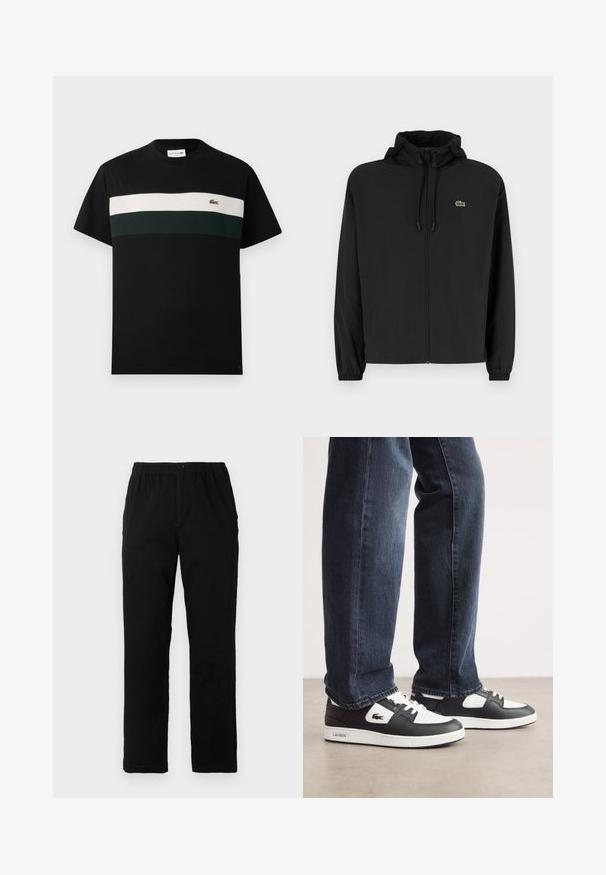 Musta vetoketjullinen takki, jossa on huppu, valmistettu kevyestä materiaalista. Ominaisuuksiin kuuluu joustavat hihansuut ja pieni vihreä logo vasemmassa rinnassa.; Mustat puuvillapaita, jossa on pyöreä kaula-aukko, rinnan kohdalla vaakasuora vaalea ja tummanvihreä raidoitus sekä pieni logo.; Mustat housut, jotka on valmistettu puuvilla-sekoitekankaasta, suoran mallin, joustavan vyötärönauhan ja napin kanssa, ilman näkyviä kuvioita tai yksityiskohtia.; Mustat ja valkoiset Lacoste-tennarit, joissa on teksturoitu nahkapinta, nauhakiinnitys ja valkoinen kumipohja. Yhdistetty tummiin farkkuihin.