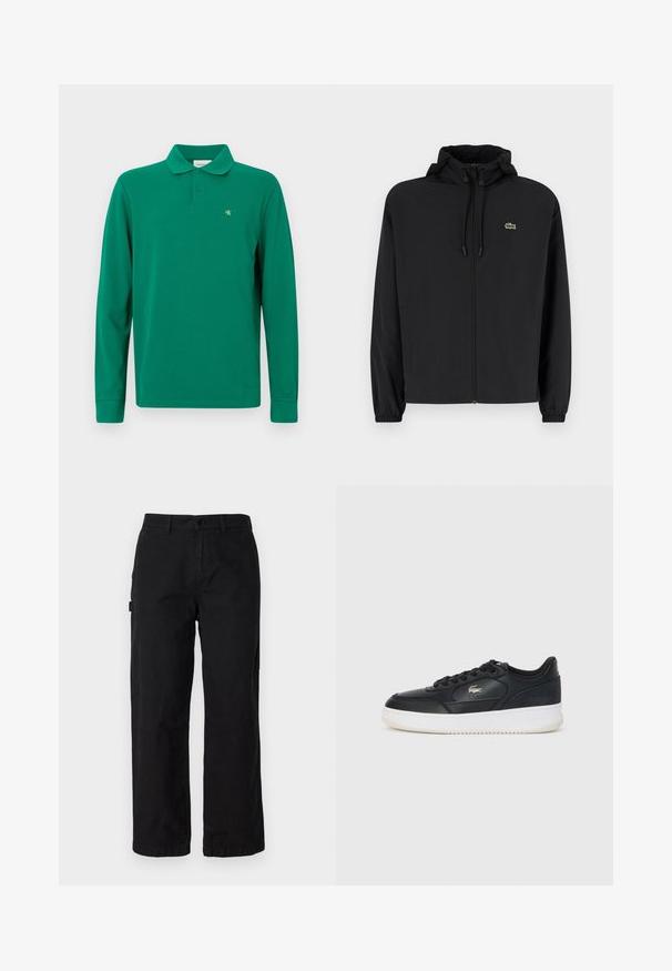 Fekete, kapucnis, cipzáras dzseki, könnyű anyagból készült. Rugalmas mandzsettákkal és egy kis zöld logóval rendelkezik a bal mellrészen.; Zöld, hosszú ujjú pólóing, pamutból készült, klasszikus gallérral, két gombos stílusú gombolással és egy kis sárga CK logóval a mellkasán.; Fekete pamut cargo nadrág egyenes lábvonallal, oldalzsebekkel és elülső gombos záródással. Tartós anyag, sima textúrával.; Fekete bőrsportcipő fehér talppal, lekerekített orral, fűzős kivitelben, és diszkrét logóval az oldalon. Texturált felsőrész kiemelésekkel.