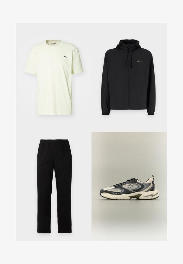 Sort zip-jakke med hætte, lavet af letvægtsmateriale. Har elastiske manchetter og et lille grønt logo på venstre bryst.; Kortærmet t-shirt med rund hals i lys gul bomuld, med en lille grøn krokodillelogo på venstre bryst. Glat tekstur.; Sorte bukser lavet af en bomuldsblandingsstof, med lige snit, elastisk talje med knap, og uden synlige mønstre eller detaljer.; Sort og cremefarvet atletisk sneaker med mesh-overdel, gummisål og fremtrædende logodetalje. Rund tå med teksturerede detaljer.