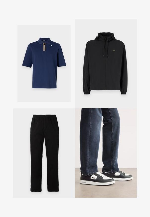 Crna jakna na zip s kapuljačom, izrađena od laganog materijala. Ima elastične manžete i mali zeleni logotip na lijevoj strani prsnog koša.; Mornarice polo majica izrađena od pamuka s kratkim zatvaračem i detaljima u žutoj, bijeloj i crnoj boji. Sadrži mali logo na prsima.; Crne hlače od pamuka s dodatkom, ravnog kroja, s elastičnim pojasom i dugmetom, bez vidljivih uzoraka ili ukrasa.; Crno-bijele Lacoste tenisice s teksturiranim kožnim gornjim dijelom, s vezanjem i bijelim gumiranim potplatom. Nosi se s tamnim trapericama.