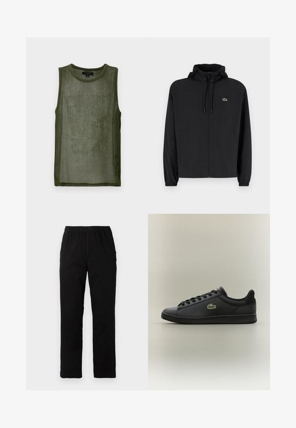 Czarna kurtka zapinana na zamek z kapturem, wykonana z lekkiego materiału. Posiada elastyczne mankiety oraz małe zielone logo na lewej piersi.; Oliwkowy siatkowy top bez rękawów z okrągłym dekoltem, z teksturowanej tkaniny z całkowitym wzorem w kratkę.; Czarne spodnie wykonane z mieszanki bawełny, z prostym krojem, elastycznym paskiem w talii z guzikiem oraz bez widocznych wzorów czy akcentów.; Czarne niskie skórzane sneakersy z czarnymi sznurówkami, z zielonym logo krokodyla z boku, na neutralnym, jednolitym tle.