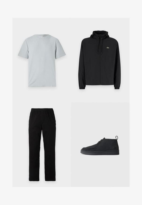 Casaco preto com fecho éclair e capuz, feito de material leve. Apresenta punhos elásticos e um pequeno logotipo verde no lado esquerdo do peito.; T-shirt cinza claro de manga curta, feito de um tecido macio e liso, com decote redondo e um corte descontraído, sem padrões ou elementos metálicos visíveis.; Calças pretas feitas de um tecido de algodão misto, com corte reto, cintura elástica com botão e sem padrões ou detalhes visíveis.; Botim de tornozelo em camurça preta, com atacadores, aba na parte traseira e sola texturizada, apresentando um pequeno logótipo de crocodilo em relevo na lateral.