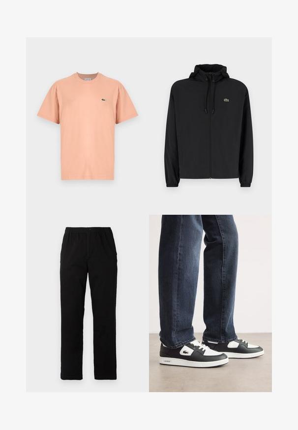 Černá zipová bunda s kapucí, vyrobená z lehkého materiálu. Má elastické manžety a malé zelené logo na levé hrudi.; Tričko s krátkým rukávem a kulatým výstřihem v jemné broskvové barvě vyrobené z bavlny, s malým zeleným krokodýlem Lacoste na levé části hrudi.; Černé kalhoty vyrobené z bavlněné směsi, s rovný střih, elastickým pasem s knoflíkem a bez viditelných vzorů či akcentů.; Černo-bílé tenisky Lacoste s texturovaným koženým svrškem, se šněrovacím designem a bílou gumovou podešví. Nosené s tmavými džíny.