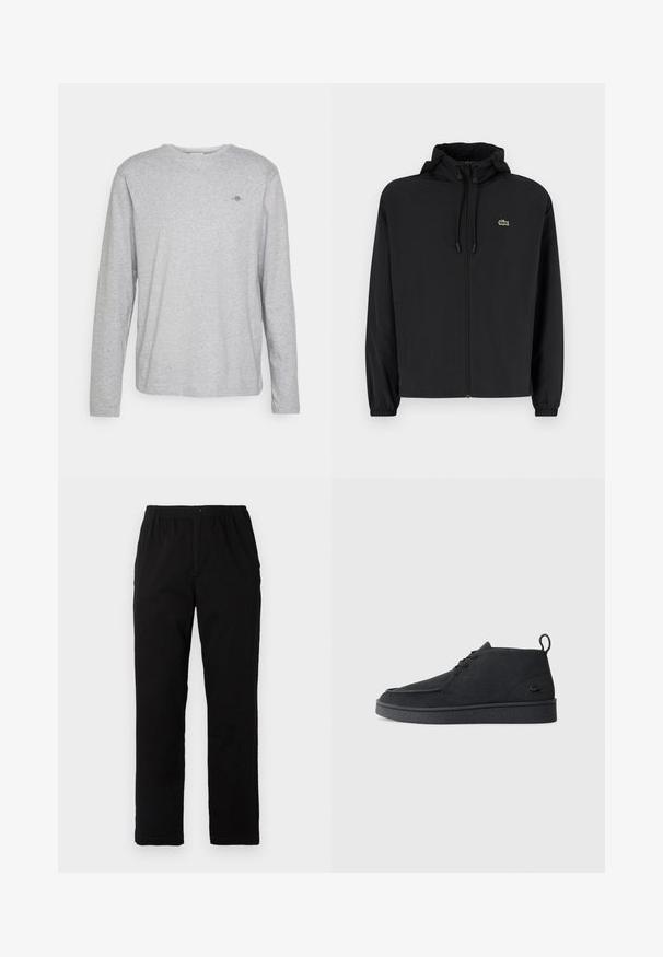 Mustmust jacket, millel näpsuga, kergest materjalist. Omab elastseid mansette ja väikest rohelist logo vasakul rinnal.; Pikad varrukad hallist puuvillast T-särk, ümar kaelus ja rinnal väike tikitud logo. Pehme tekstuur ja vabalt istuv lõige.; Mustad mustreid, puuvillast segakanga valmistatud mustad püksid, mis on sirge lõikega, elastse vöökoht ja nööp, ilma nähtavate mustrite või aktsentideta.; Must värvi sametist nööbitavad ankle-kingad tõmbluku ja tekstureeritud tallaga, millel on külgedel väike reljeefne krokodillilogo.