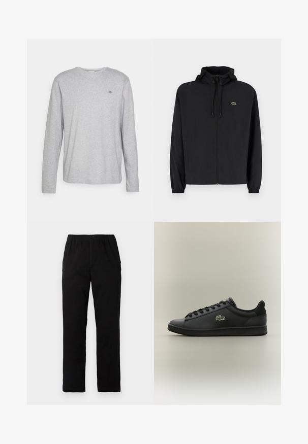 Musta vetoketjullinen takki, jossa on huppu, valmistettu kevyestä materiaalista. Ominaisuuksiin kuuluu joustavat hihansuut ja pieni vihreä logo vasemmassa rinnassa.; Harmaa puuvillainen pitkähihainen T-paita, jossa on ympyräkaulus ja pieni brodeerattu logo rinnassa. Pehmeä rakenne ja rento istuvuus.; Mustat housut, jotka on valmistettu puuvilla-sekoitekankaasta, suoran mallin, joustavan vyötärönauhan ja napin kanssa, ilman näkyviä kuvioita tai yksityiskohtia.; Musta matala nahkakengät mustilla nauhoilla, joissa on vihreä krokotiililogo sivussa, asetettuna yksinkertaista neutraalia taustaa vasten.