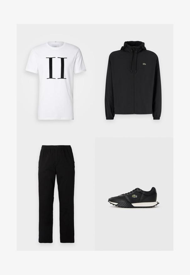 Black zip-up jacket with a hood, made of lightweight material. Features elastic cuffs and a small green logo on the left chest.; White cotton t-shirt featuring a bold black “II” print at the center. Classic crew neck and short sleeves. Smooth texture, relaxed fit.; Black pants made of cotton blend fabric, featuring a straight cut, elastic waistband with button, and no visible patterns or accents.; Black sneakers with a smooth leather finish, featuring a textured rubber sole, white midsole, and a green embroidered logo on the side.