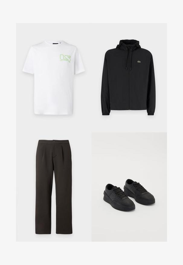 Černá zipová bunda s kapucí, vyrobená z lehkého materiálu. Má elastické manžety a malé zelené logo na levé hrudi.; Bílé bavlněné tričko s malým zeleným logem "LS" na levé části hrudi. Klasický kulatý výstřih a krátké rukávy.; Tmavě hnědé kalhoty rovného střihu s plochým předním dílem, dvěma záševky a knoflíkovým zapínáním. Vyrobené z hladkého materiálu s jemnou strukturou.; Černé tenisky vyrobené z hladké kůže s polstrovanou podrážkou. Mezi vlastnosti patří ploché tkaničky, perforace na špičce a elegantní silueta.