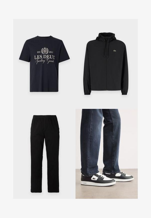 Musta vetoketjullinen takki, jossa on huppu, valmistettu kevyestä materiaalista. Ominaisuuksiin kuuluu joustavat hihansuut ja pieni vihreä logo vasemmassa rinnassa.; Meripaita tummansinistä puuvillaa, jossa on lyhyet hihat. Päällä valkoiset tekstit: "LES DEUX Sporting Goods EST. 2011" ja pyöreä logomuotoilu.; Mustat housut, jotka on valmistettu puuvilla-sekoitekankaasta, suoran mallin, joustavan vyötärönauhan ja napin kanssa, ilman näkyviä kuvioita tai yksityiskohtia.; Mustat ja valkoiset Lacoste-tennarit, joissa on teksturoitu nahkapinta, nauhakiinnitys ja valkoinen kumipohja. Yhdistetty tummiin farkkuihin.