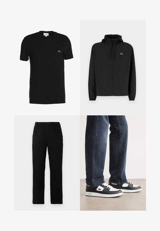 Fekete, kapucnis, cipzáras dzseki, könnyű anyagból készült. Rugalmas mandzsettákkal és egy kis zöld logóval rendelkezik a bal mellrészen.; Fekete pamut póló rövid ujjal, kerek nyakkal, és apró zöld Lacoste logóval a mellkason. Sima textúra, klasszikus fit.; Fekete pamut keverék anyagú nadrág, egyenes szabású, rugalmas derékrésszel és gombbal, látható minták vagy díszítések nélkül.; Fekete-fehér Lacoste sportcipők, texturált bőrből készült felső résszel, fűzős kivitelben és fehér gumitalppal. Sötét farmernadrággal viselve.
