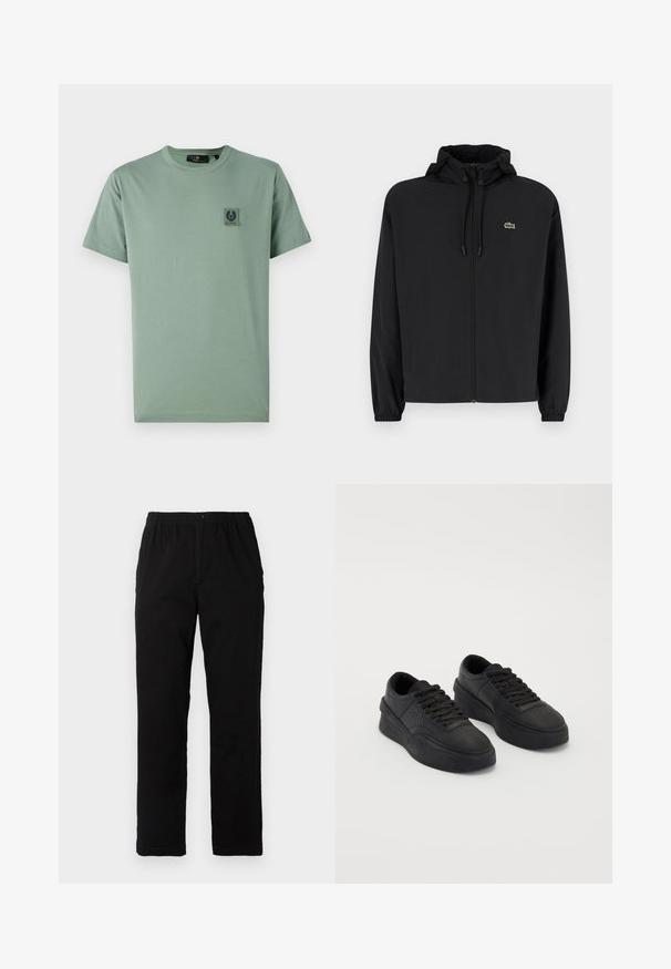 Črna jakna na zadrgo s kapuco, izdelana iz lahkega materiala. Ima elastične manšete in majhen zeleni logotip na levem prsnem delu.; Svetlo zelena bombažna majica s kratkimi rokavi, okroglim izrezom in kvadratnim logotipnim žepom na levem prsnem delu. Gladka tekstura in sproščen dizajn.; Črne hlače iz mešanice bombaža, s ravnim krojem, elastičnim pasom z gumbom in brez vidnih vzorcev ali akcentov.; Črne teniske iz gladkega usnja z oblazinjeno podplatom. Lastnosti vključujejo ravne vezalke, perforacije na konici ter eleganten silhuet.