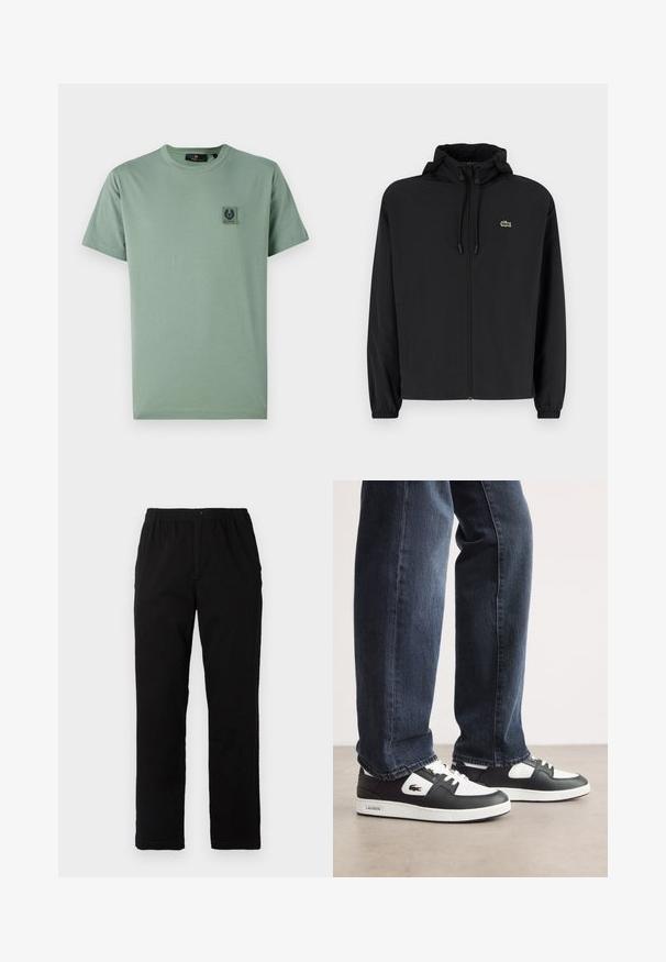 Črna jakna na zadrgo s kapuco, izdelana iz lahkega materiala. Ima elastične manšete in majhen zeleni logotip na levem prsnem delu.; Svetlo zelena bombažna majica s kratkimi rokavi, okroglim izrezom in kvadratnim logotipnim žepom na levem prsnem delu. Gladka tekstura in sproščen dizajn.; Črne hlače iz mešanice bombaža, s ravnim krojem, elastičnim pasom z gumbom in brez vidnih vzorcev ali akcentov.; Črno-bele Lacoste superge z zgornjim delom iz teksturirane usnje, s čipkastim zapiranjem in belim gumijastim podplatom. Oblečene z temnimi kavbojkami.