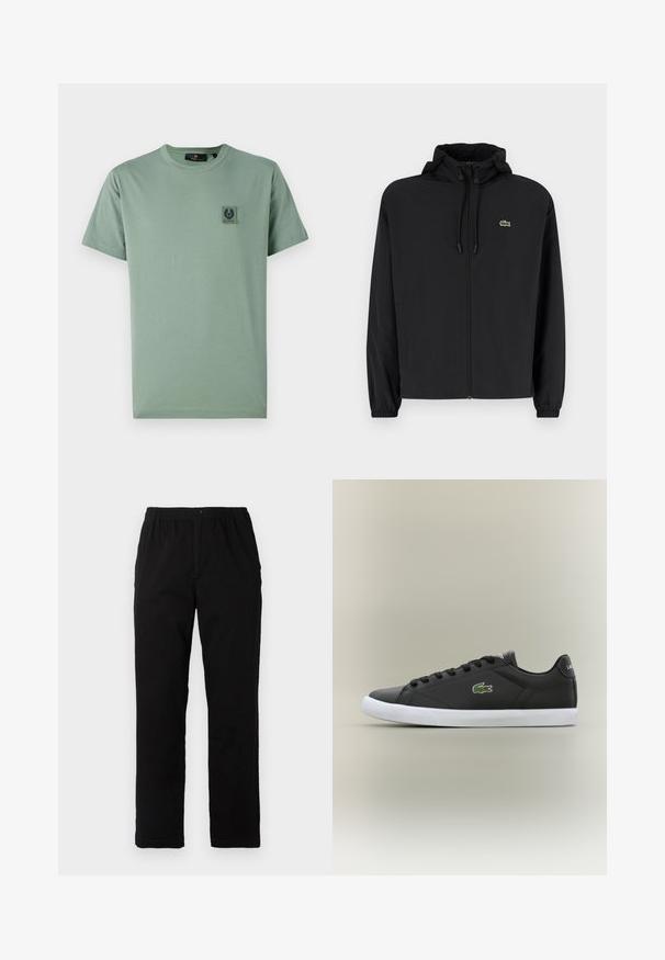 Svart zip-up jakke med hette, laget av lett materiale. Har elastiske mansjetter og en liten grønn logo på venstre bryst.; Lysegrønn bomull T-skjorte med korte ermer, rund hals, og en firkantet logo-patch på venstre bryst. Glatt tekstur og uformell design.; Sorte bukser laget av bomullsblandet stoff, med rett snitt, elastisk midjebånd med knapp, og uten synlige mønstre eller detaljer.; Svarte lær sneakers med hvit gummisåle, med grønt krokodillelogo og runde snører, elegant design med glatt tekstur.