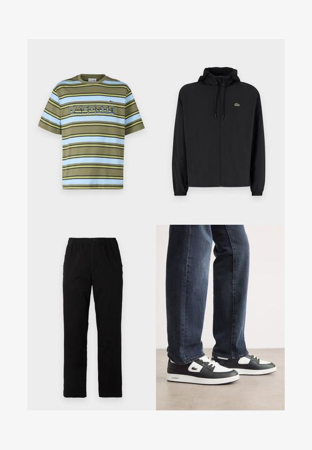 Melnas rāvējslēdzēja jakas ar kapuci, izgatavota no viegla materiāla. Ar elastīgām piedurknēm un mazu zaļu logo kreisajā krūtī.; Oliņu zaļš, zils un dzeltenās svītrās T-krekls ar īsām piedurknēm, apaļu kaklu un Lacoste logo priekšpusē. Kokvilna, parasts piegriezums.; Melnas bikses no kokvilnas maisījuma auduma, ar taisnu griezumu, elastīgu jostasvietu ar pogu un bez redzamām rakstu vai akcentiem.; Melnbalti Lacoste sporta apavi ar teksturētu ādas augšdaļu, ar saistēm un baltu gumijas zoli. Nēsāti ar tumšām džinsām.
