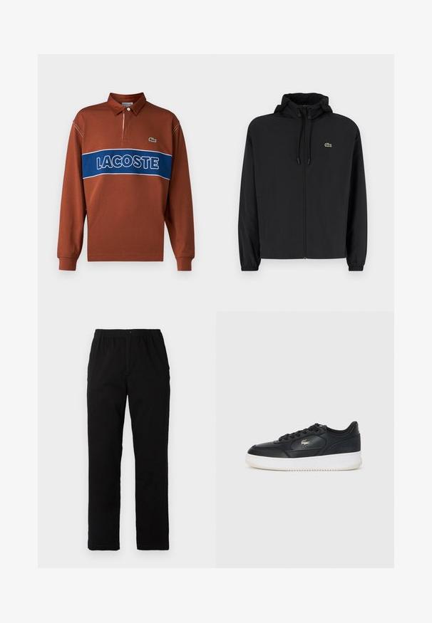 Juodas užtrauktukas striukė su gaubtu, pagaminta iš lengvos medžiagos. Savybės: elastiniai apykaklės ir mažas žalias logotipas kairėje krūtinės pusėje.; Ilgųjų rankovių polo marškiniai rudi su mėlyna horizontalia juostele, ant kurios yra balti "LACOSTE" užrašai. Su apykakle ir žalia logotipo detale.; Juodi kelnės, pagamintos iš medvilnės mišinio, su tiesiomis kirpimo linijomis, elastingu liemeniu su mygtuku ir be aiškių raštų ar akcentų.; Juodas odinis sportinis batelis su baltu padu, suapvalintu nosiu, raišteliais prisirišimu ir subtiliu logotipu šone. Textūruotas viršus.