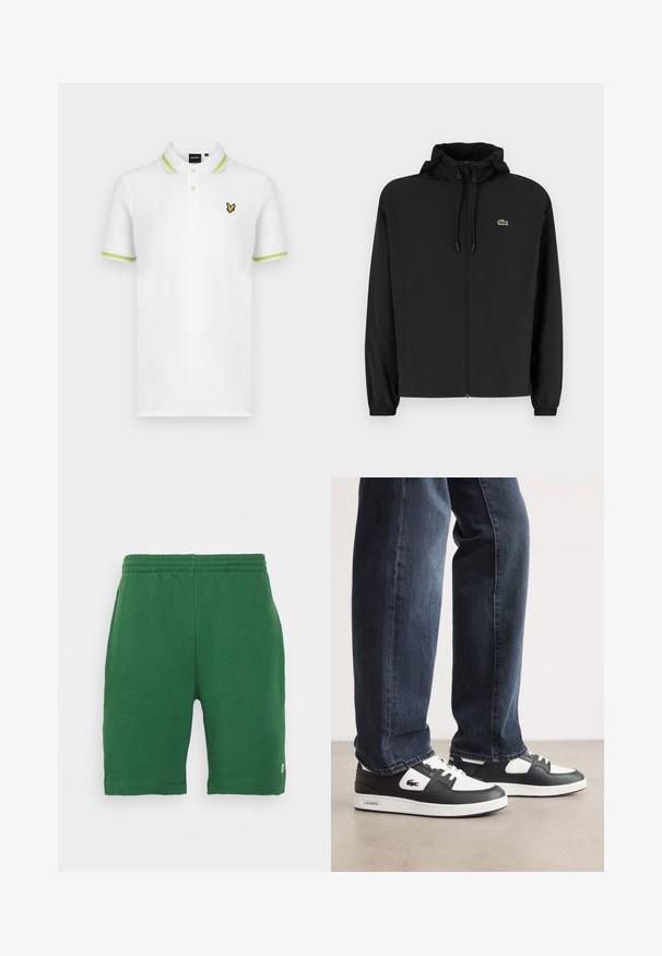 Svart zip-jacka med huva, tillverkad av lätt material. Har elastiska muddar och en liten grön logotyp på vänster bröst.; Vit pikétröja med grönrandig krage och ärmar. Utrustad med en gul broderad logotyp på bröstet. Tillverkad av slät tyg.; Gröna jersey-shorts med elastiskt midjeband och sidofickor, med en liten logotyp på vänster ben. Slät textur, knälängd.; Svarta och vita Lacoste-sneakers med en texturerad läderövre, med snörningsdesign och en vit gummisula. Bärs med mörka jeans.