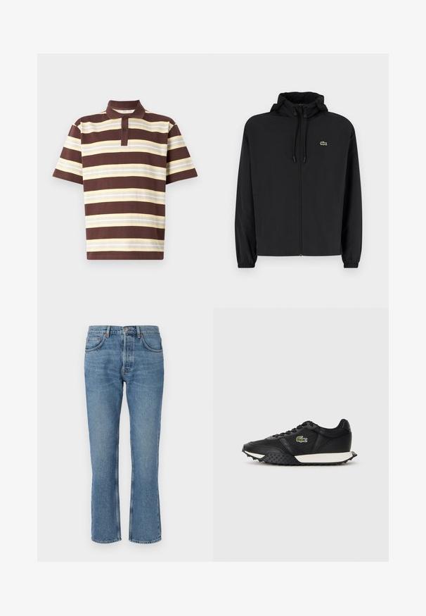 Mustmust jacket, millel näpsuga, kergest materjalist. Omab elastseid mansette ja väikest rohelist logo vasakul rinnal.; Pruun ja kollane triibuline polo särk, lühikeste varrukatega, kolme nupuga kinnitamine, puuvillane materjal, tekstureeritud kangas erineva laiusega triipudega.; Heledad sinine denimpüksid sirge lõikega, viie-taskuga disain ja kontrastsete õmblustega. Kangas on pehme tekstuuriga ning veidi kulunud.; Mustad mustad spordijalatsid sileda nahkviimistlusega, tekstuurse kummitaldiga, valge vahevaibaga ja rohelise brodüüritud logoga küljele.