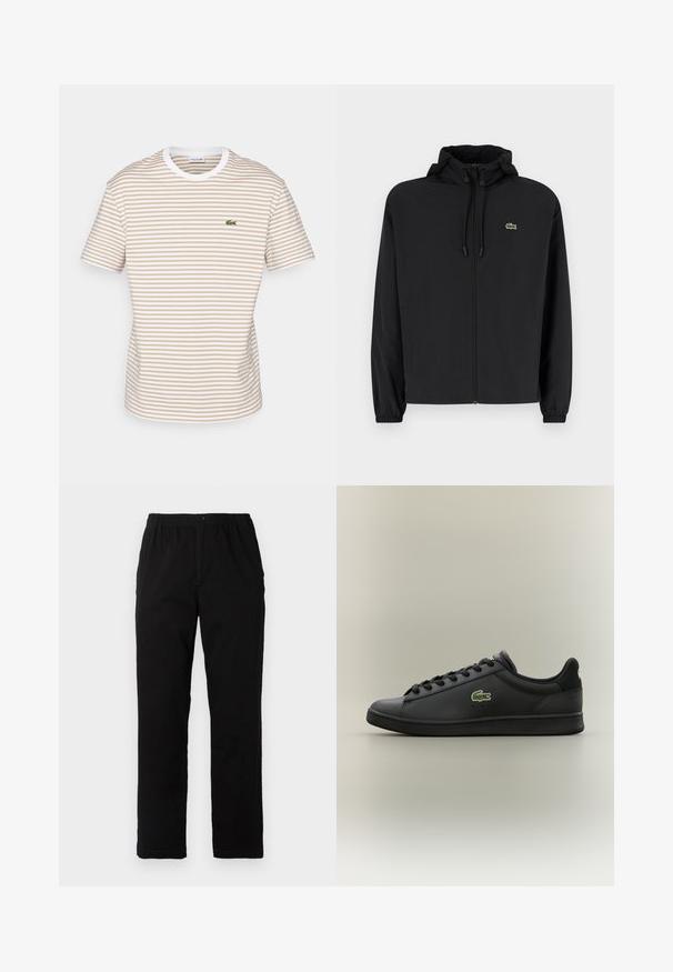 Mustmust jacket, millel näpsuga, kergest materjalist. Omab elastseid mansette ja väikest rohelist logo vasakul rinnal.; Lacoste Trükipildiga T-särk - viennese/white; Mustad mustreid, puuvillast segakanga valmistatud mustad püksid, mis on sirge lõikega, elastse vöökoht ja nööp, ilma nähtavate mustrite või aktsentideta.; Mustad musta nahast madala profiiliga toss, millel on mustad paelad ja rohelise krokodilli logo küljel, seistas lihtsal neutraalsel taustal.