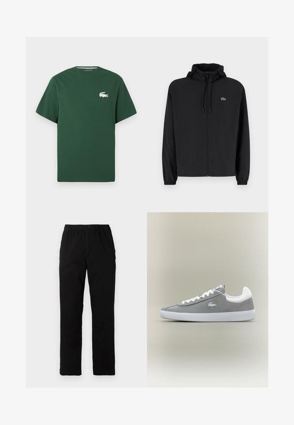 Černá zipová bunda s kapucí, vyrobená z lehkého materiálu. Má elastické manžety a malé zelené logo na levé hrudi.; Zelené bavlněné tričko s krátkými rukávy, kulatým výstřihem a bílým logem krokodýla na levé straně hrudníku. Hladká textura, ležérní design.; Černé kalhoty vyrobené z bavlněné směsi, s rovný střih, elastickým pasem s knoflíkem a bez viditelných vzorů či akcentů.; Šedé semišové tenisky s bílou gumovou podrážkou, šněrování a vyšívané logo na boku. Minimalistický design s klasickou siluetou.