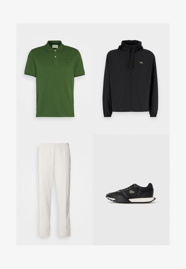 Čierna mikina na zips s kapucňou, vyrobená z ľahkého materiálu. Má elastické manžety a malú zelenú značku na ľavej hrudi.; Zelená polo tričko vyrobené z bavlny, s dvojitým gombíkovým zapínaním, krátkymi rukávmi a kontrastným lemovaním na golieri a rukávoch. Vyšitá logo.; Lacoste Tepláky - hammam; Čierne tenisky s hladkým koženým povrchom, vybavené textúrovanou gumovou podrážkou, bielou medzipodrážkou a zeleným vyšitým logom na boku.